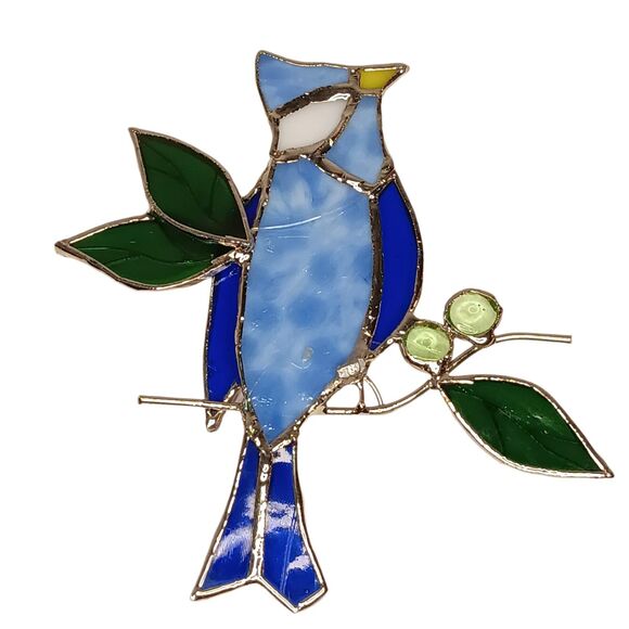 Vintage Handmade Leaded Bird Blue Jay Stained Glass Suncatcher Hanging Decor - Picture 2 of 5